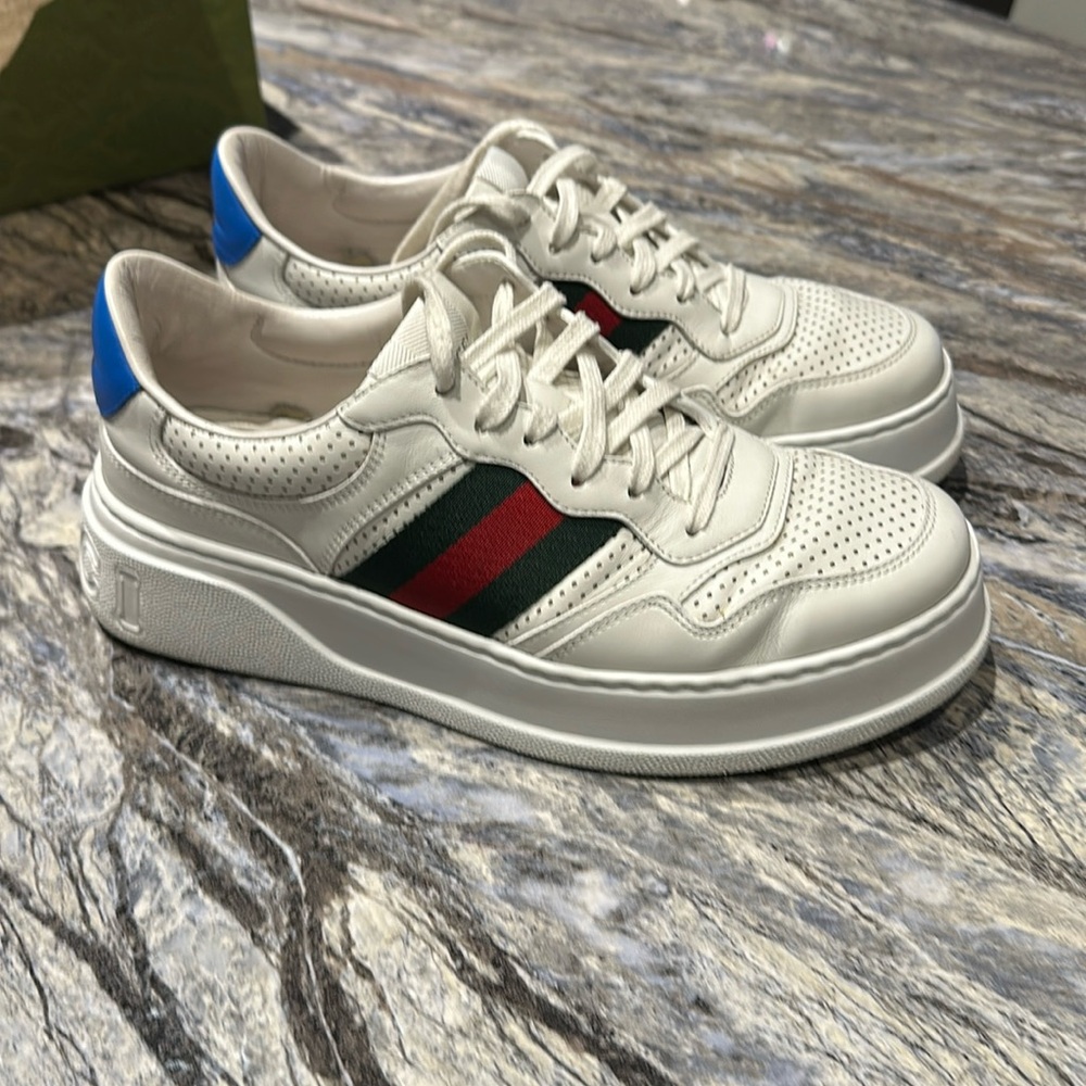 GUCCI WHITE LEATHER SNEAKER WITH WEB - GUCCI SIZE 7.5 US 9
